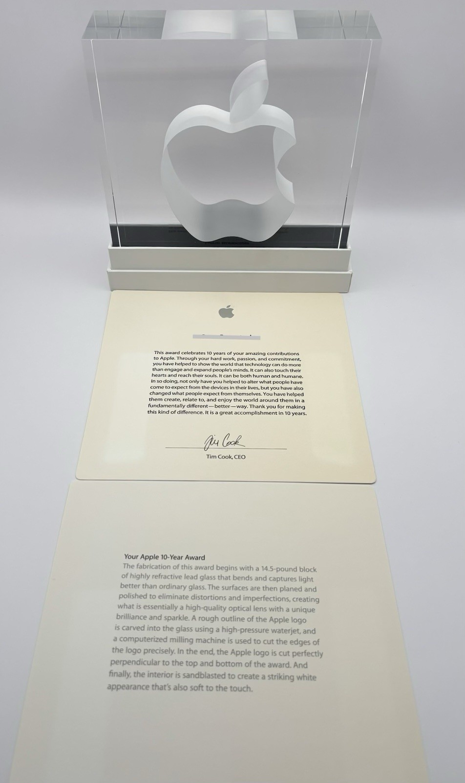 Apple 10-Year Employee Service Award Glass Apple Logo w/ Tim Cook Letter Box