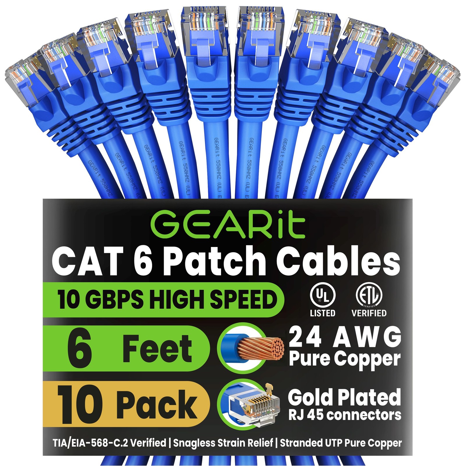 GEARit Cat6 Patch Cables Cat 6 Ethernet Cable 6 ft 10-Pack Blue