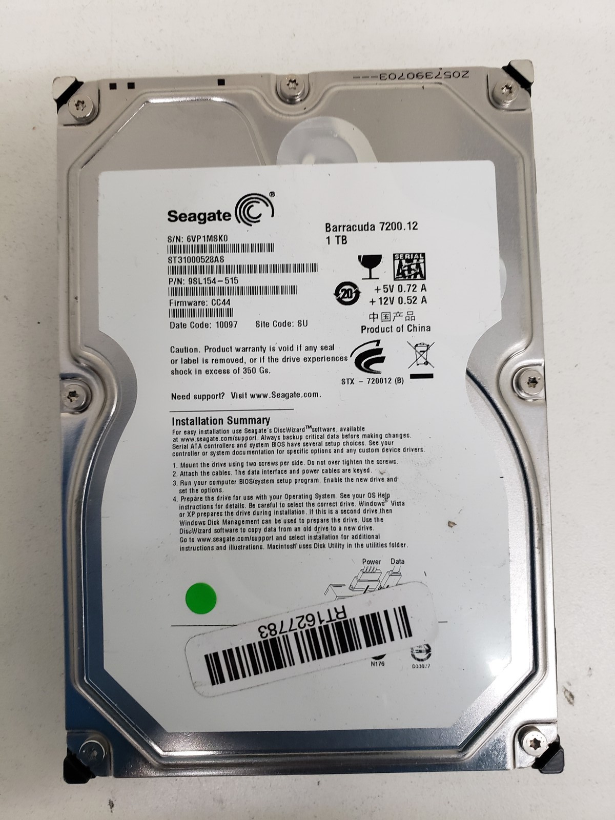 Seagate Barracuda ST31000528AS, 1TB 3.5" SATA 7200RPM 32MB Cache HDD 9SL154-515.