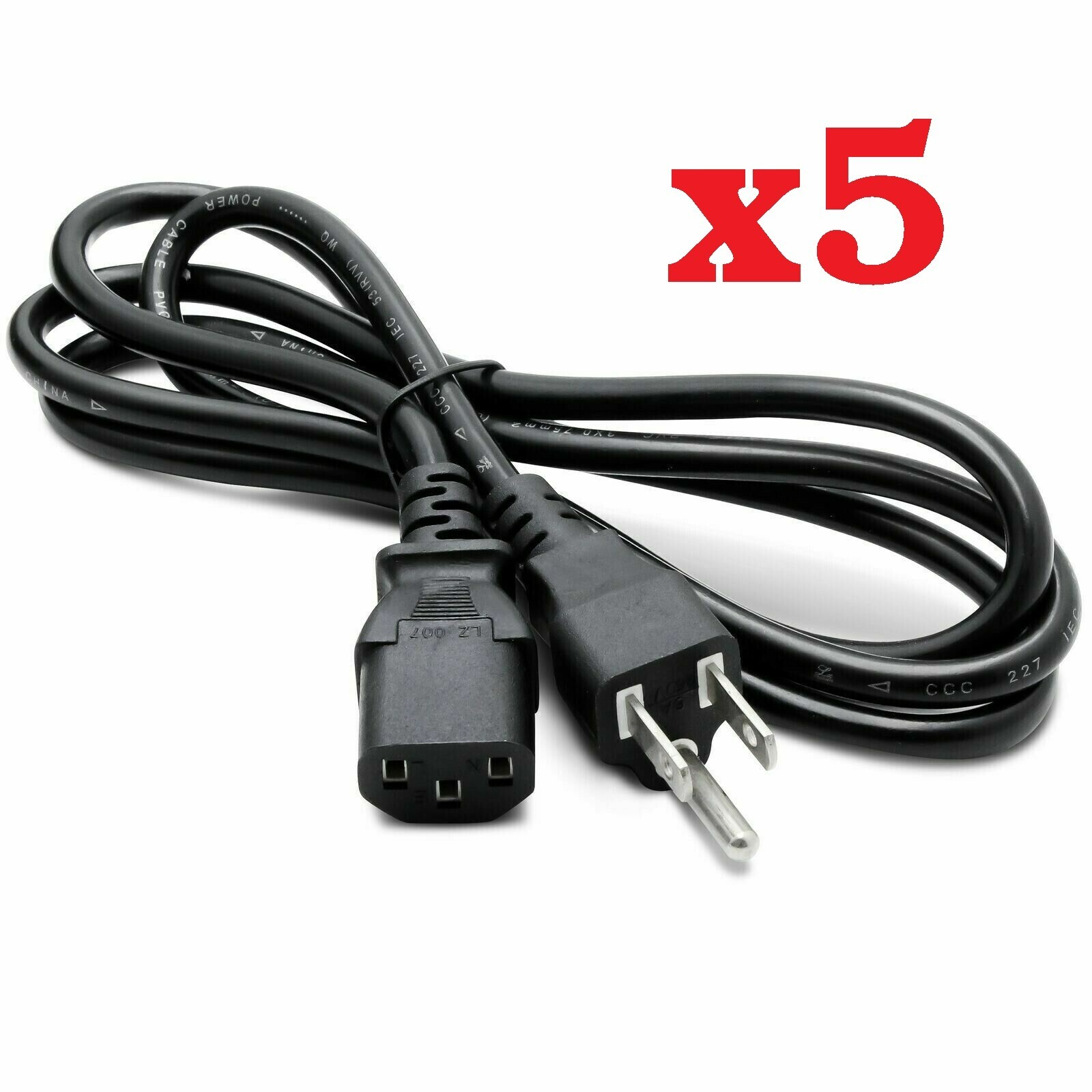 (LOTS of 5) 3-Prong Trapezoid Computer Power Cord PC Standard Wire Cable
