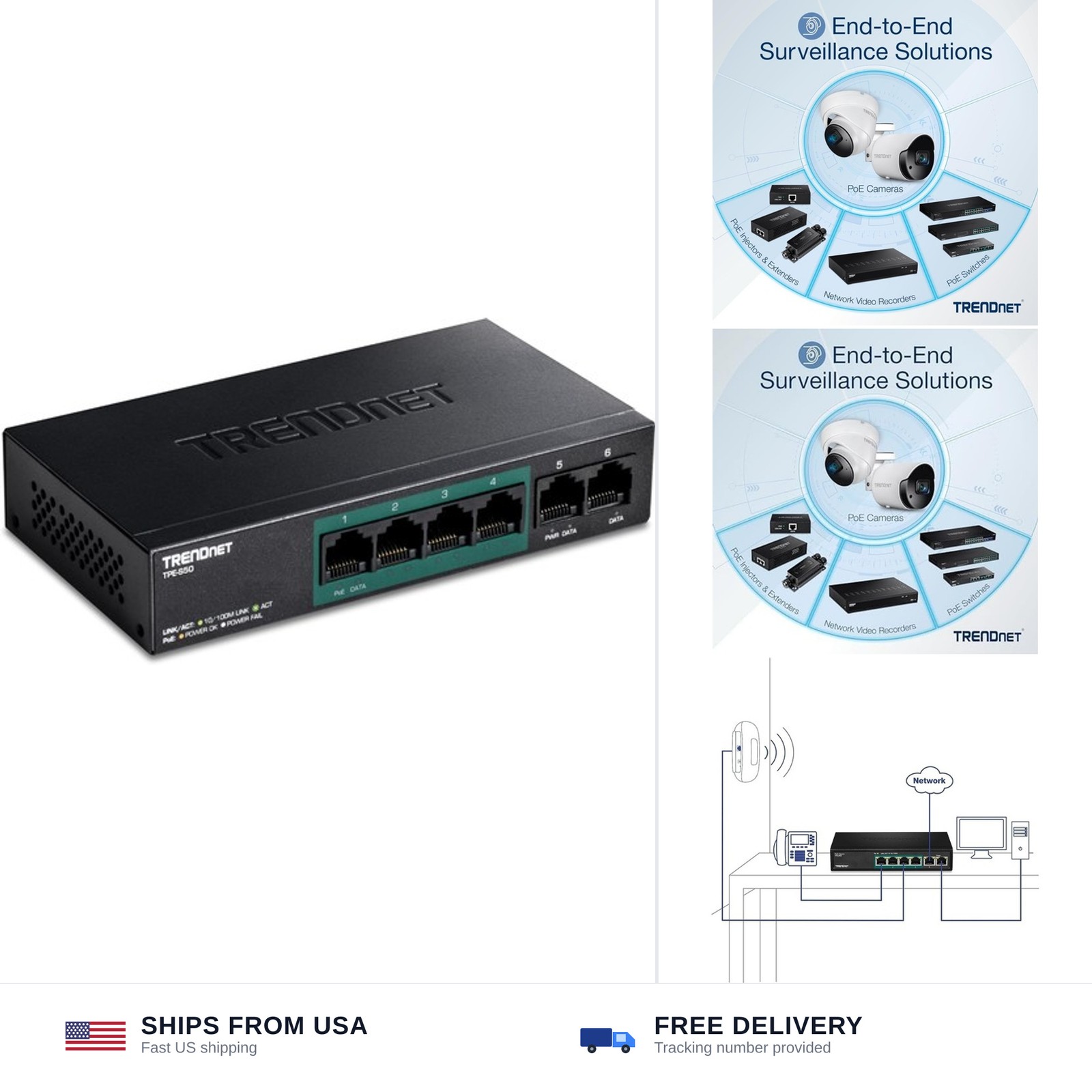 TRENDnet 6-Port Fast Ethernet PoE+ Switch, TPE-S50, NDAA Compliant, 60W PoE B...