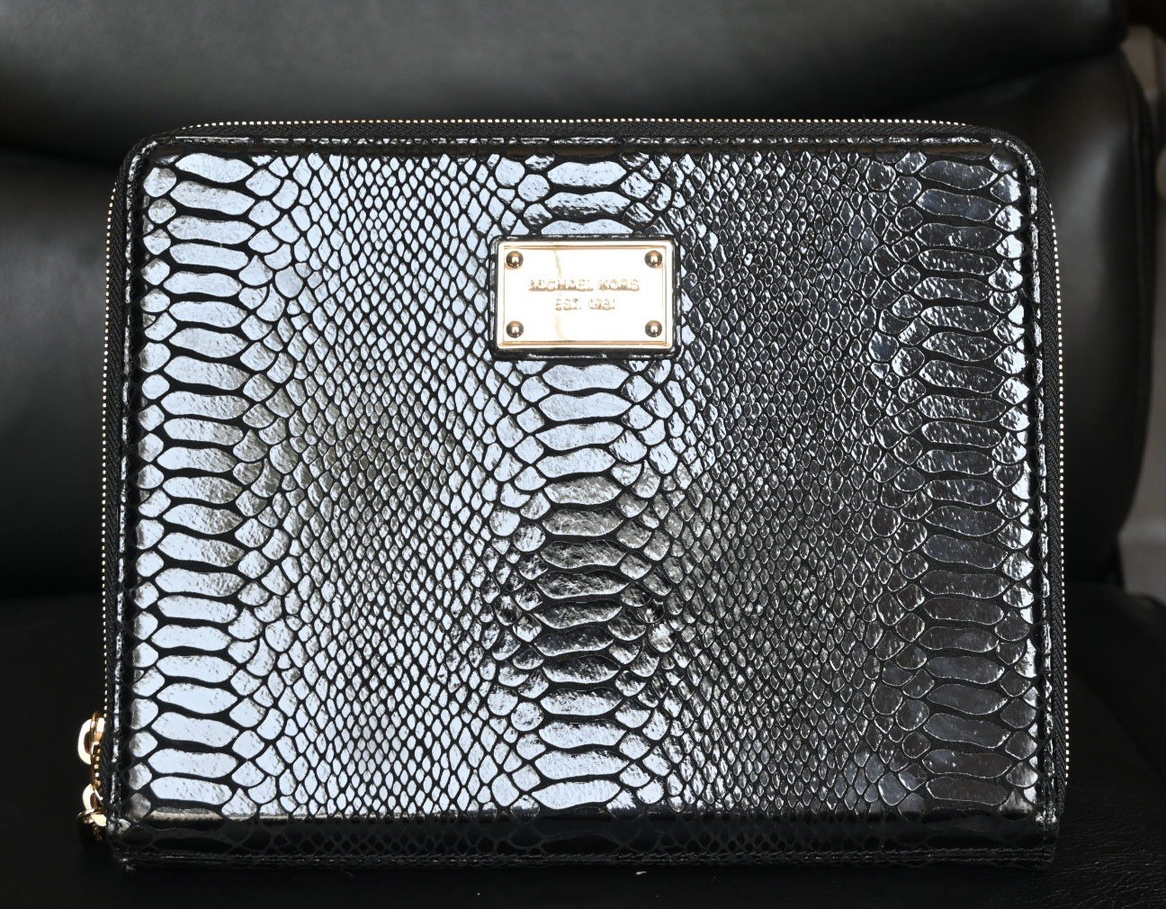 Michael Kors Black Python Embossed Zip Around iPad Folio Case Gold Hardware