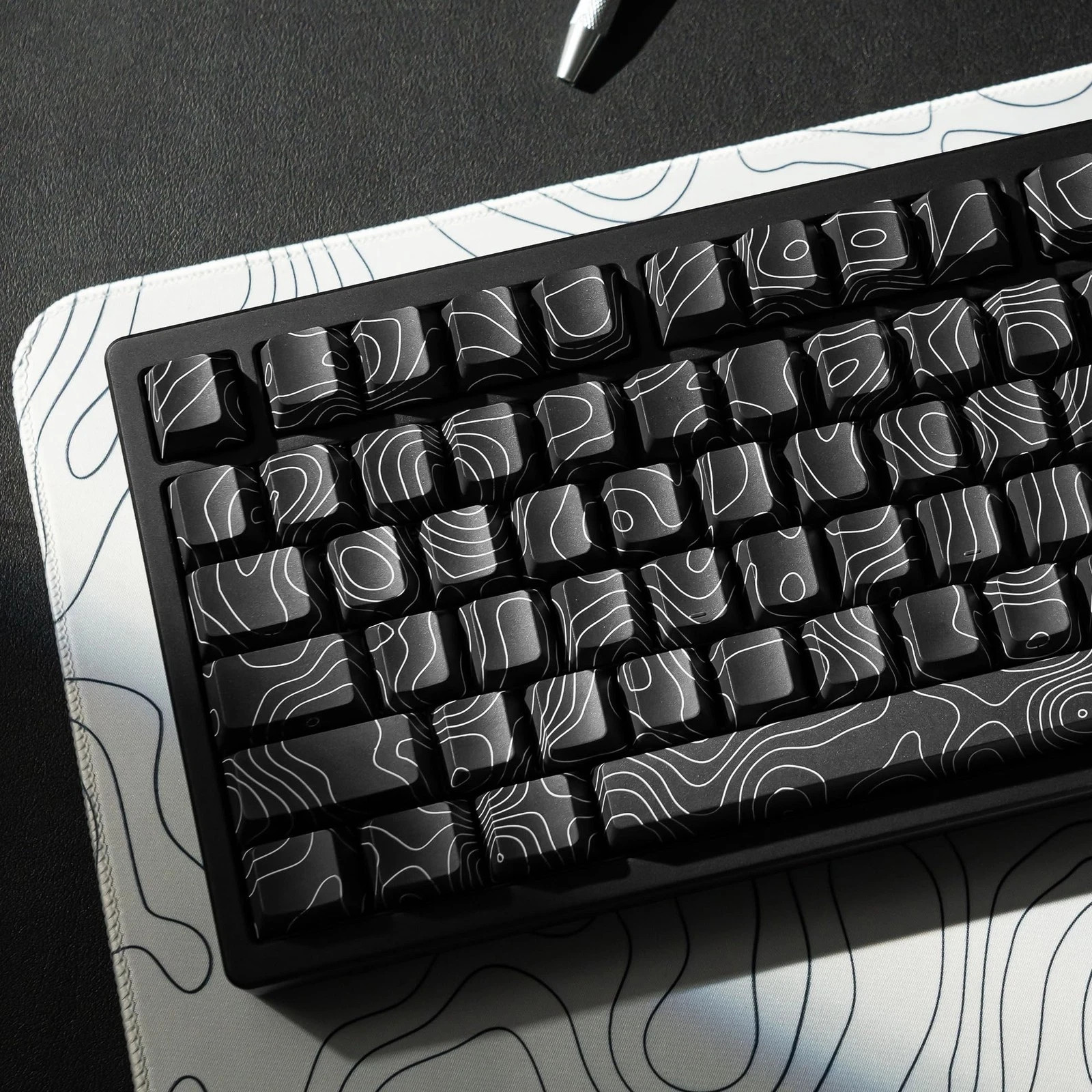 Black Topographic Keycaps, Double Shot PBT, Shine Through, Side Printed, Cherry