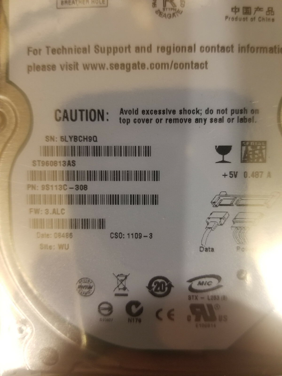 Seagate ST960813AS PN: 9S113C-308 FW 3.ALC Date 08486 WU 60GB SATA 2.5" HD
