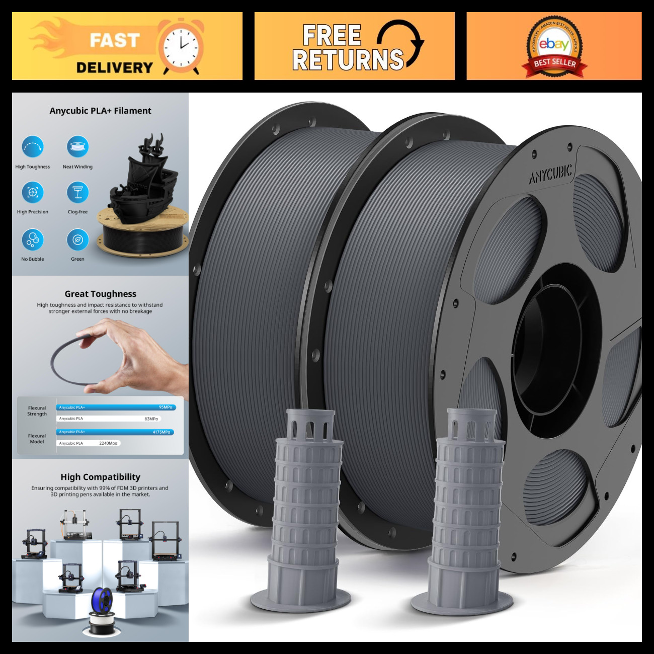 3D Printer Filament Bundle, PLA Plus 1.75mm, Dimensional Accuracy +/- 0.02mm, 2K