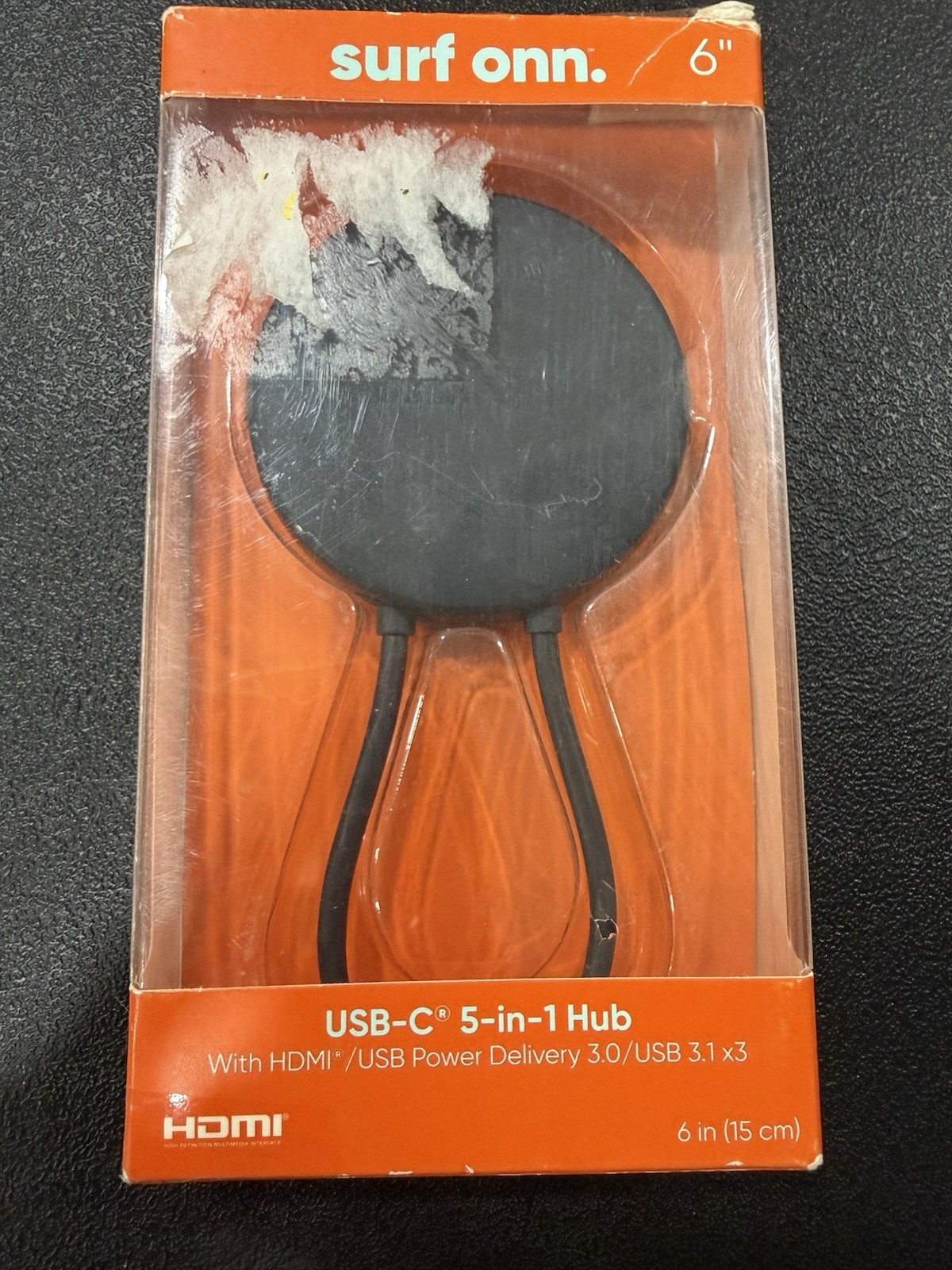 Surf Onn 6" USB-C 5 In 1 Hub W/ HDMI/USB Power Delivery 3.0/USB 3.1X3 NIB