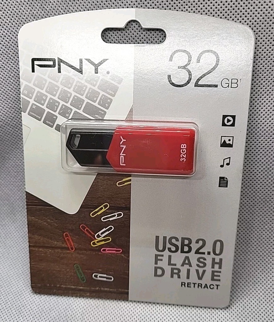 PNY Retract 32GB USB 2.0 Flash Drive Storage P-FD32GRTCG-GE Red, New