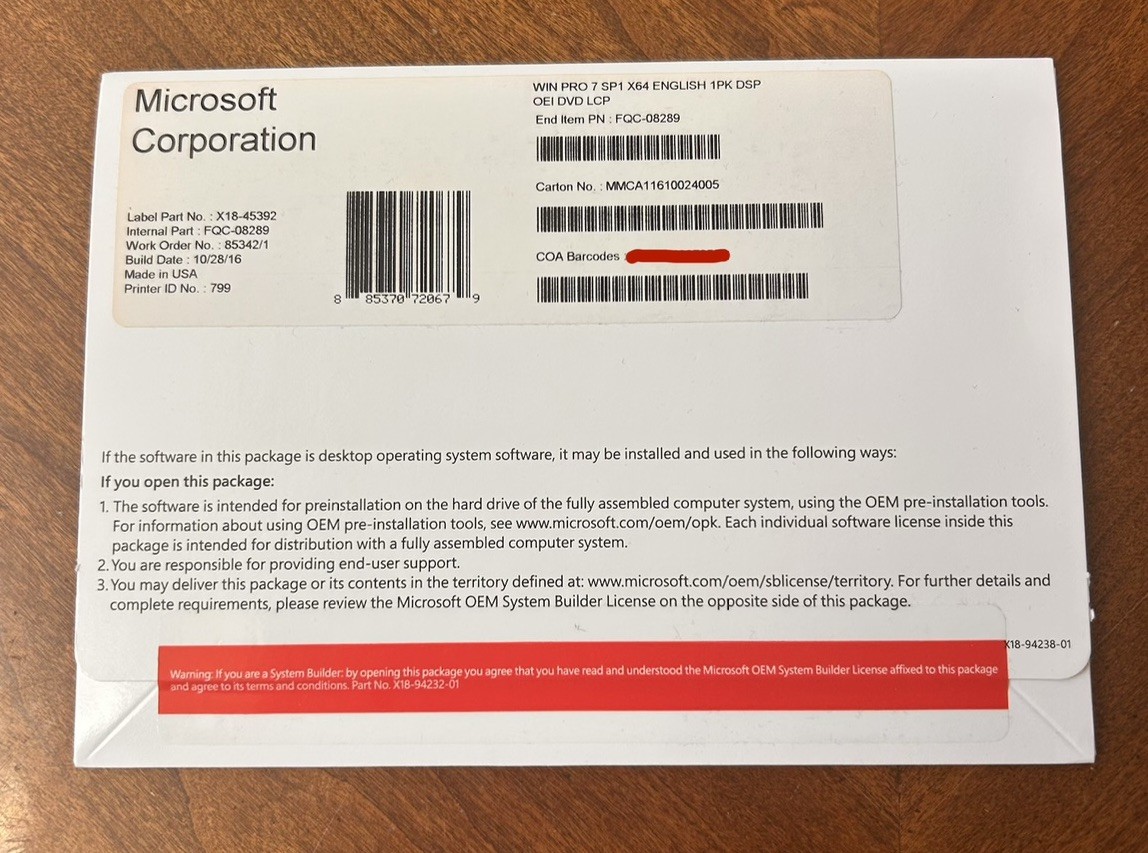 Microsoft Windows 7 Professional 64 Bit Operating System (FQC-08289) Sealed