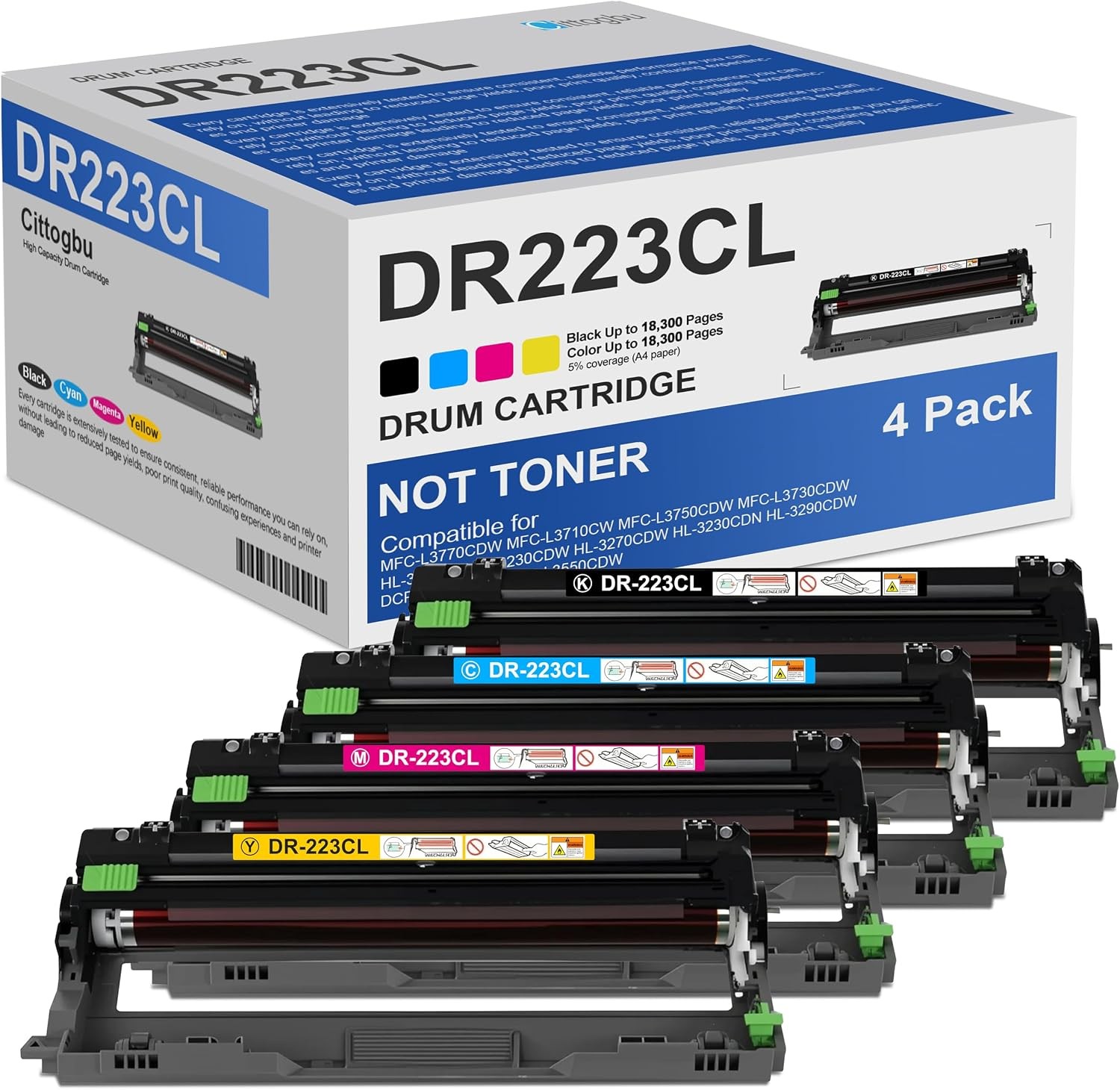 Drum Unit Set, 4-Pack Compatible Replacement for Brother DR-223CL DR223 Printers