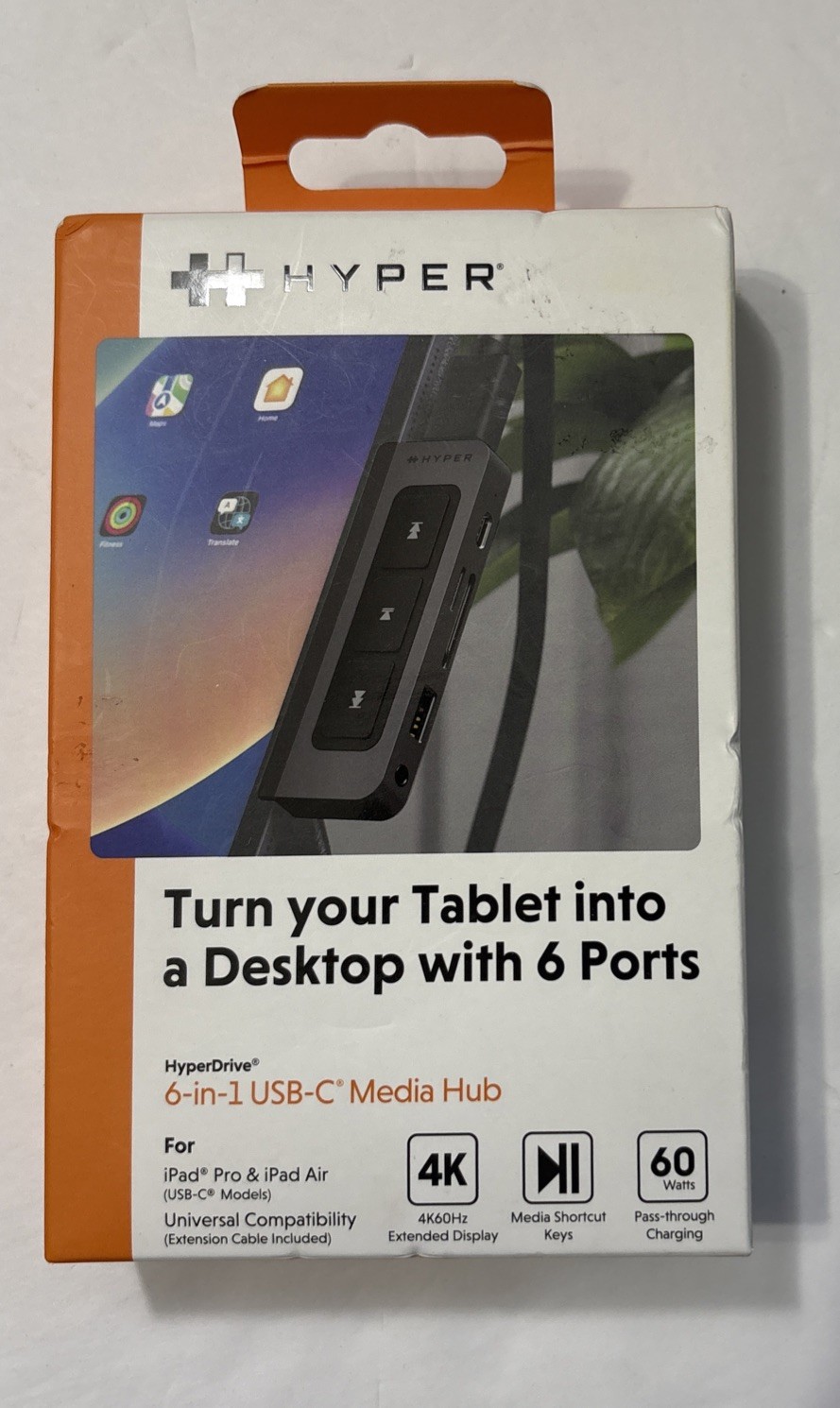 New In Box Hyper HyperDrive 6 In 1 USB C Media Hub W/6 Ports 60 Watts HD449WM