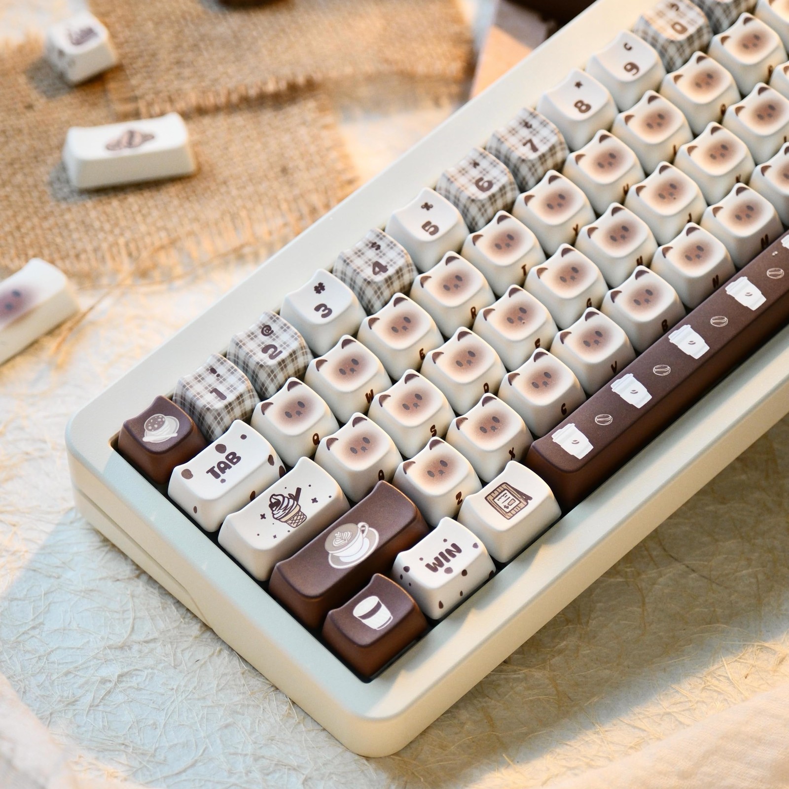 Coffee Theme Siamese Keycaps PBT Cat Shaped Mechanical Keyboard Accessory