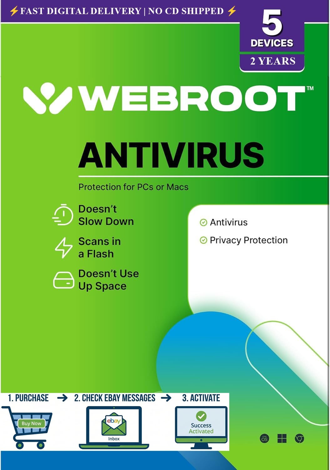 🔥 Webroot Antivirus 2026 | 2 YRS for 5 PC/MAC | Digital Key ONLY  (no CD)🔥 