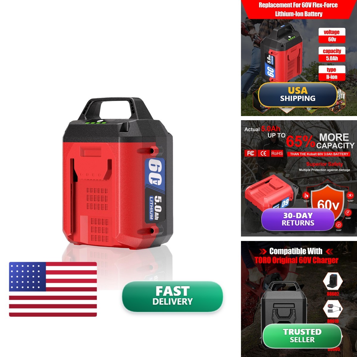 TenHutt 60V 5.0Ah Li-ion Battery, Replacement Toro 60v Flex Force Battery 88650