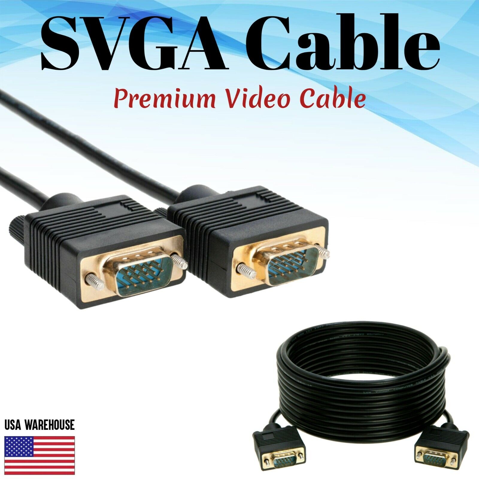 SVGA Super VGA Male Monitor Cable 3ft 6ft 10ft 15ft 25ft 30ft 50ft 100ft Lot
