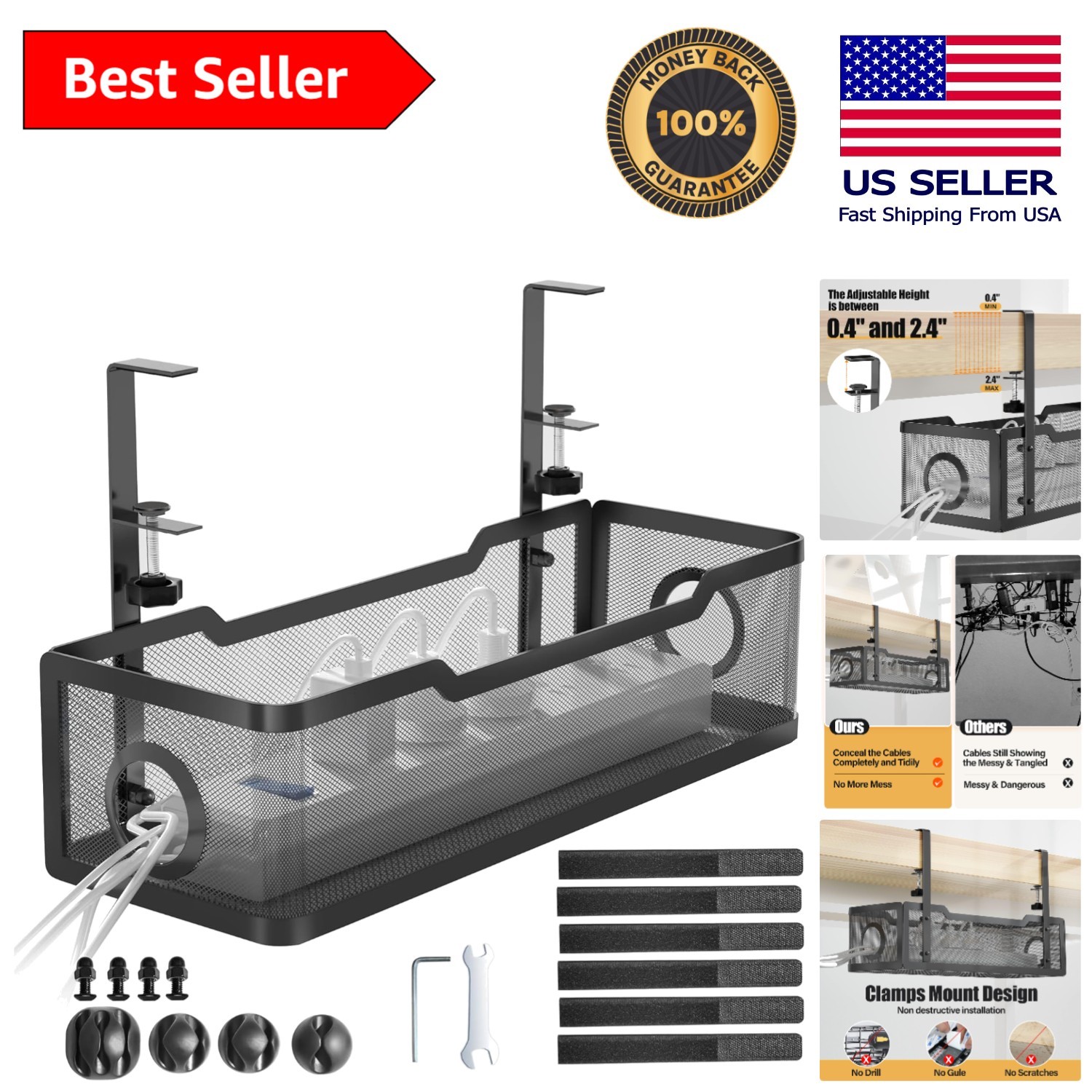 Modern Cable Management Solution - Black Tray with Clips for Clean Office Space