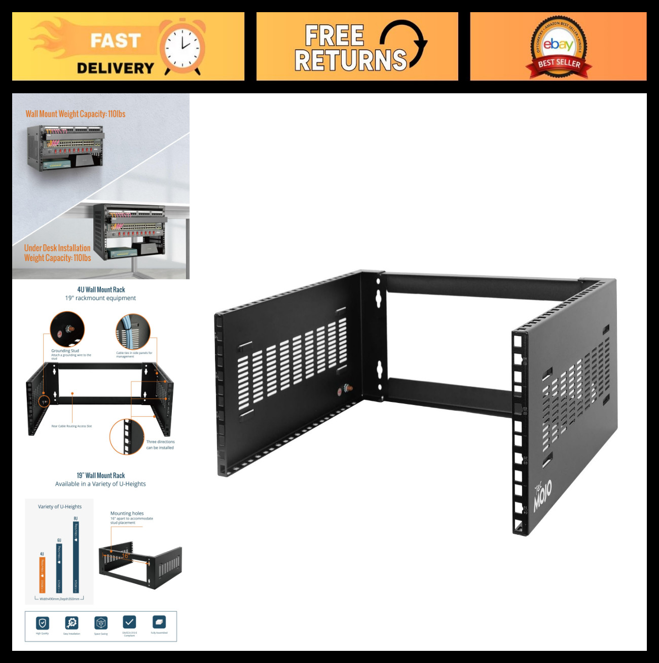 4U Wall Mount Rack 14" Depth - 19" Network Rack for IT Equipment & Switches, 110