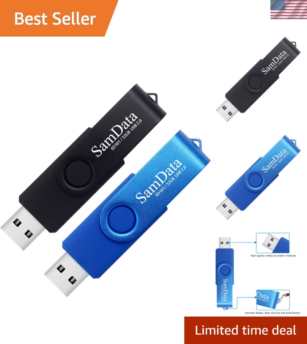 Portable 2-Pack 32GB USB Flash Drives with LED Indicator – Black & Blue Variants