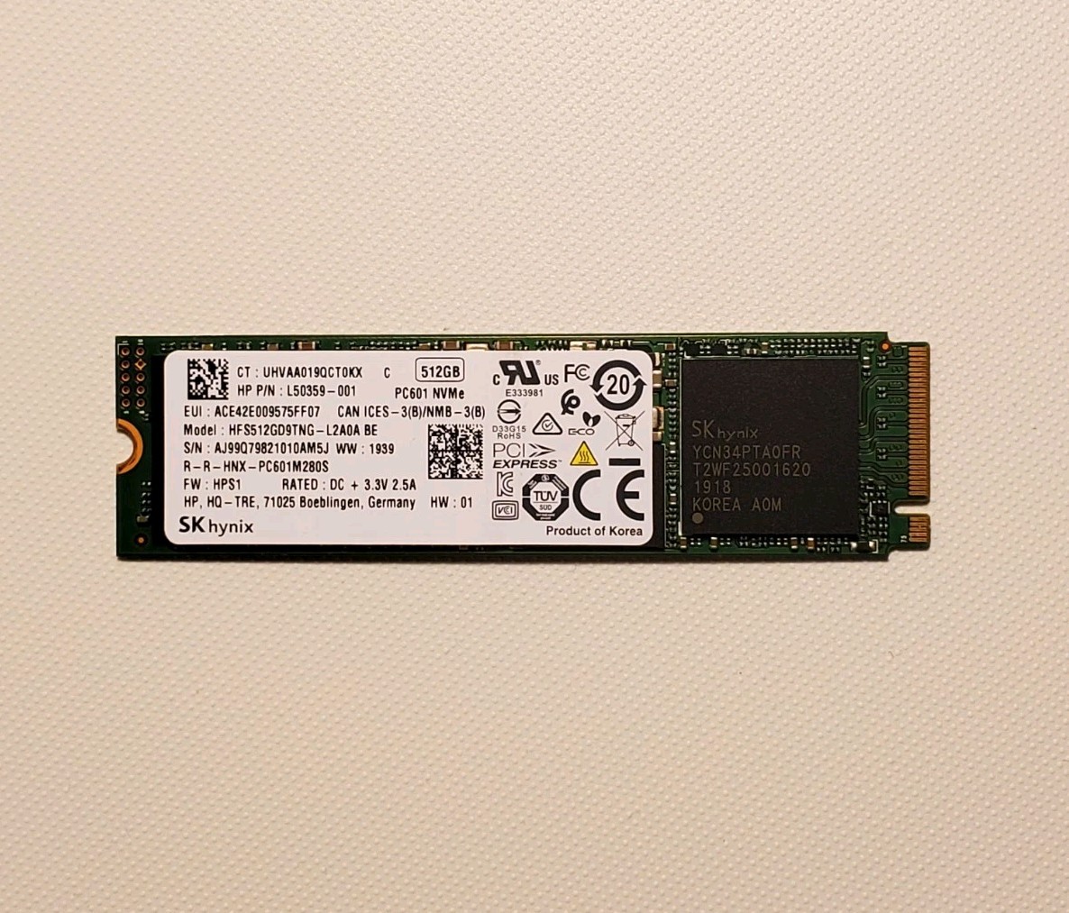 SK Hynix PC601 512GB M.2 2280 NVMe PCIe Gen3x4 SSD HFS512GD9TNG 100% Health