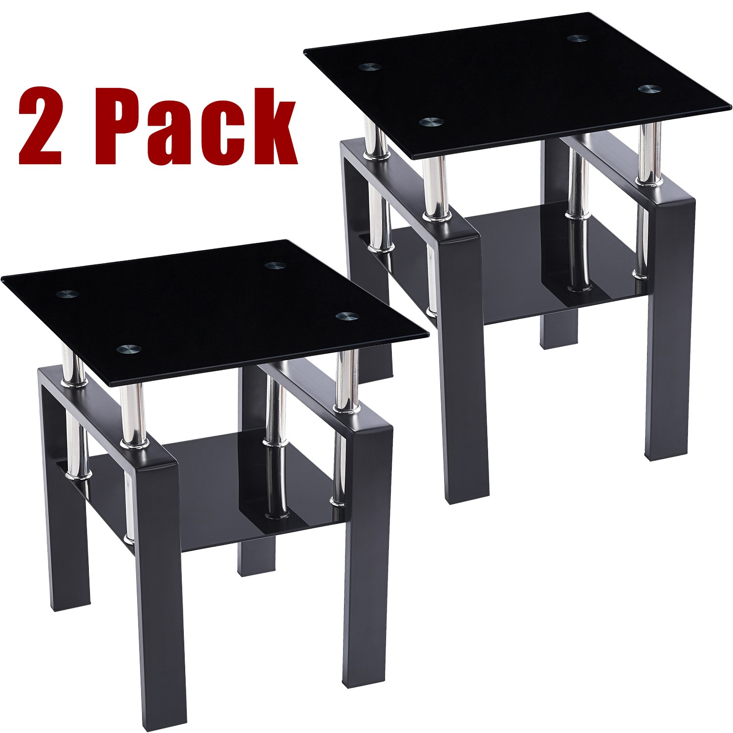 2 Pack Tempered Glass Tables 2-Tier Sofa Table Small Living Room Coffee Tables