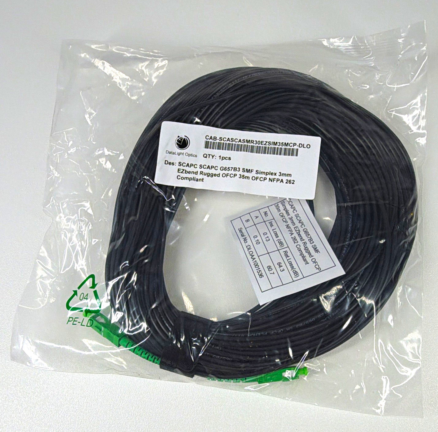 DataLight Optics 35m SC/APC-SC/APC Single-Mode G657B3 Simplex 3mm Fiber Cable