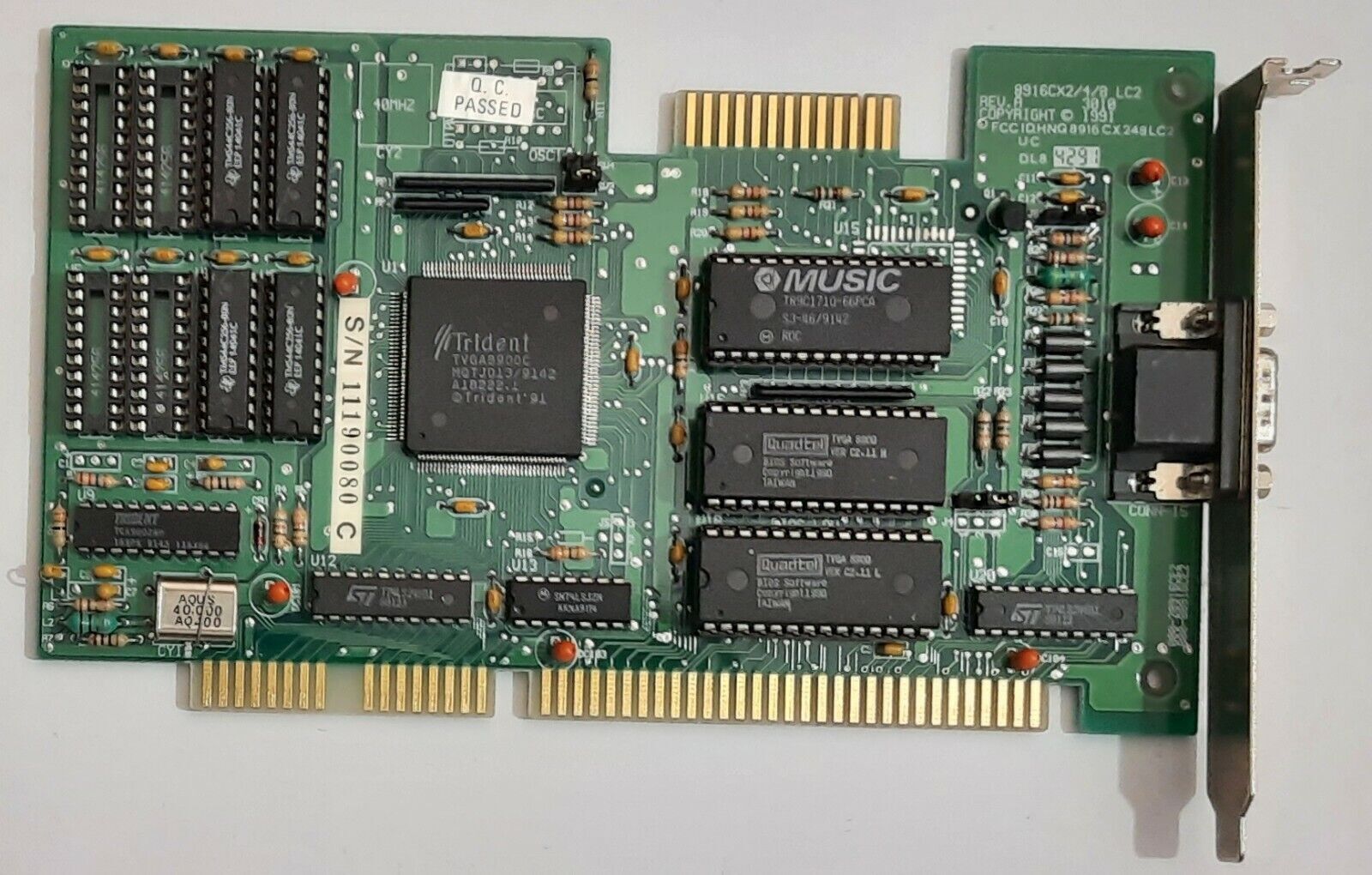 Trident 8916CX2/4/8 LC2 ISA Graphics Card (Trident TVGA8900C, 512KB, Retro, 1991)