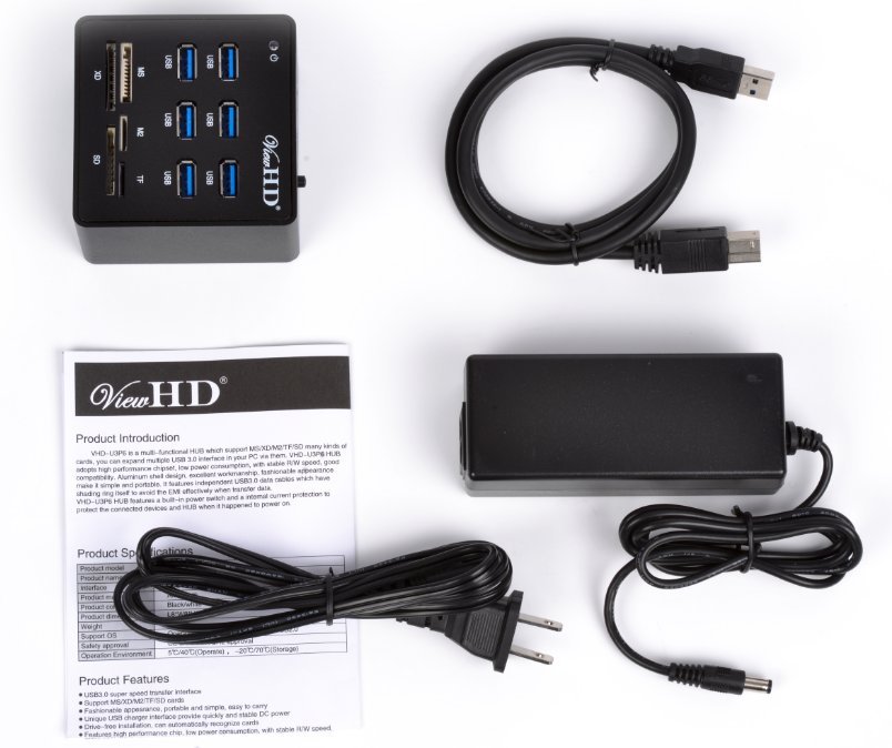 ViewHD USB 3.0 6 Port Hub + Card Reader + 12V4A Power Adapter Full Metal Case B