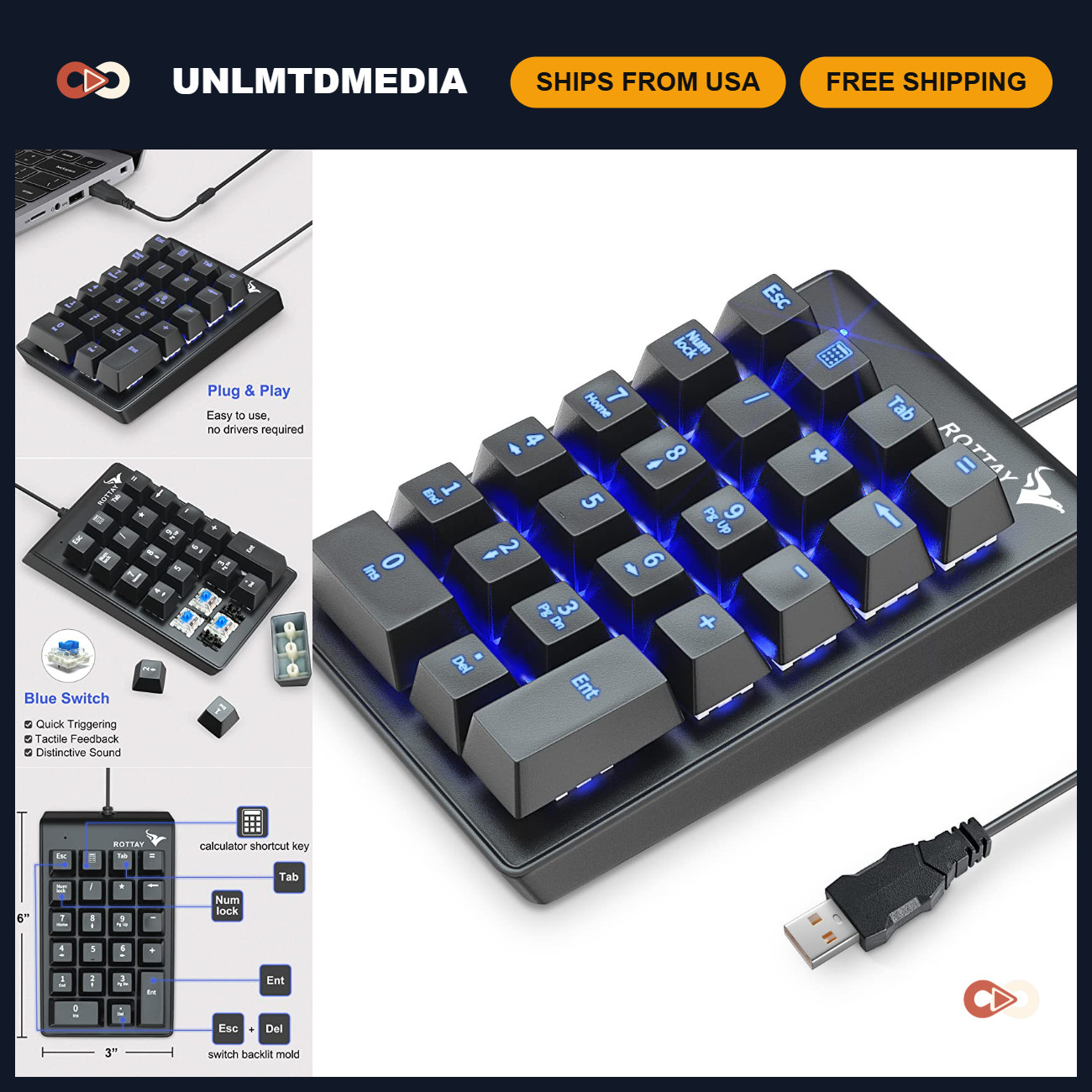 22-Key Mechanical Numeric Keypad USB Numpad for Laptop, LED Backlight, Gaming &