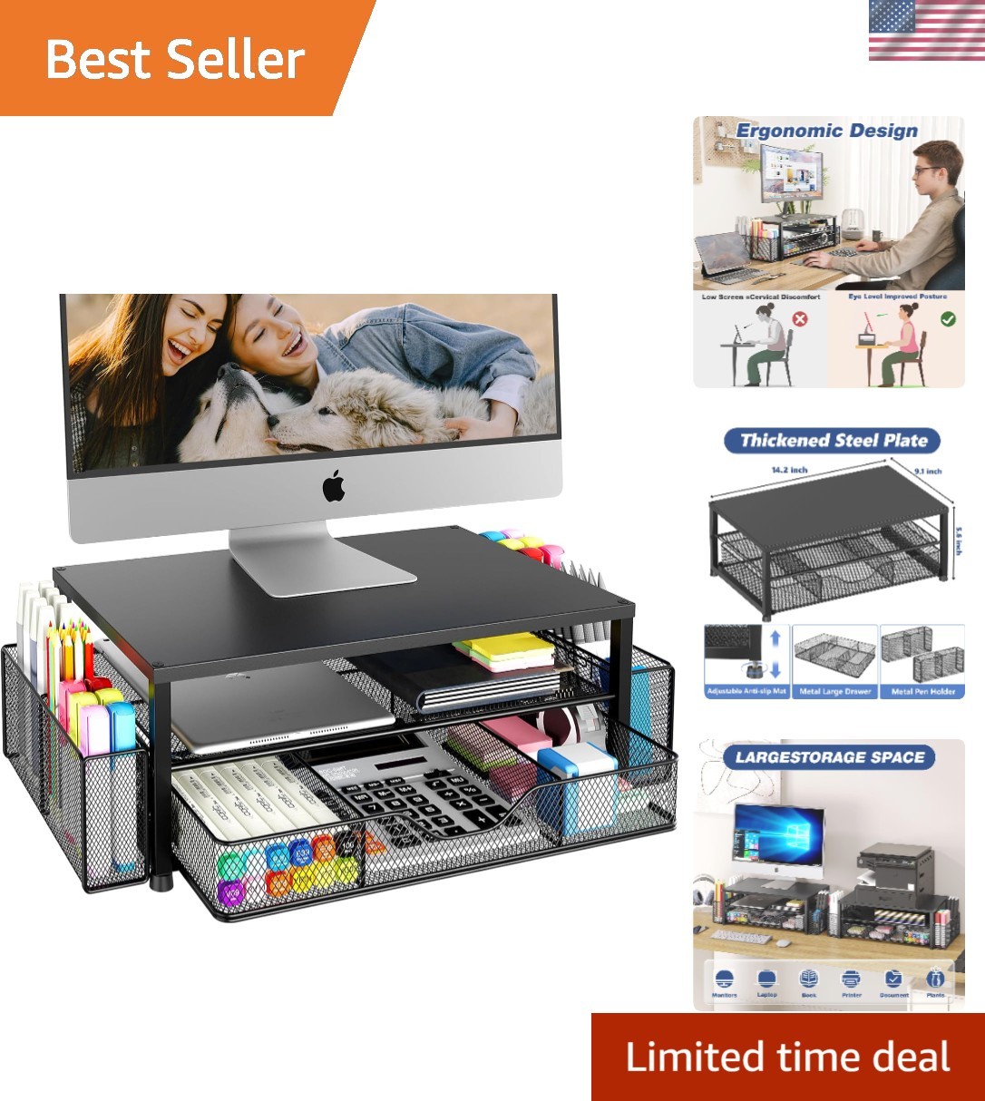 Desk Organizer and Accessories, 2-Tier Riser with Drawer and 2 Pen Holders, L...