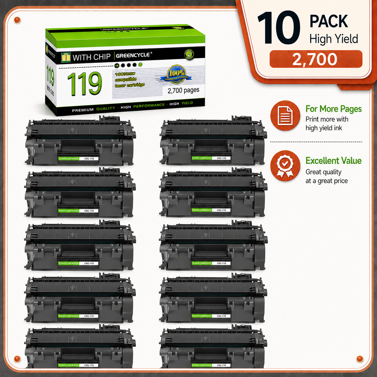10PK C119 Toner Cartridge Compatible with Canon 119 ImageClass LBP251dw MF414dw