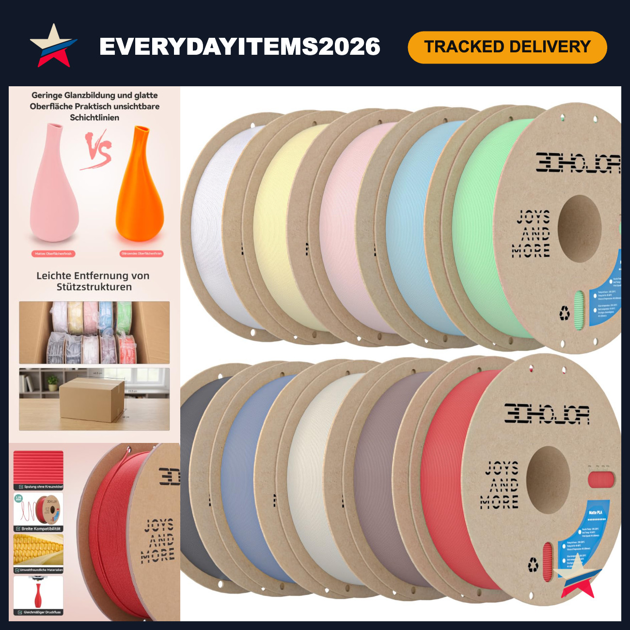 10KG Multicolor Matte PLA 3D Printing Filament Bundle - 10 Vibrant Colors