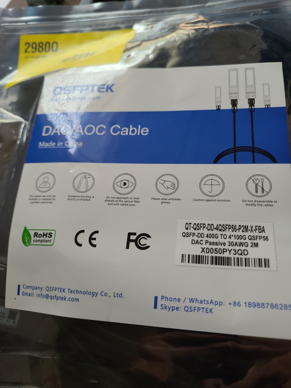 QSFPTEK 400G QSFP-DD to 4x100G QSFP56 Passive DAC Breakout Cable 2m 30AWG NEW