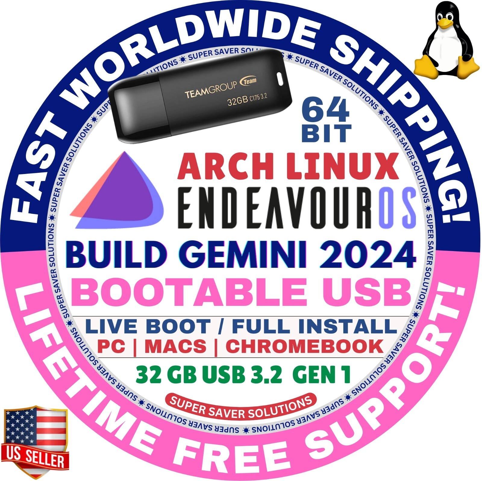 ENDEAVOUROS 2025 LINUX OS / LIVE + FULL BOOT / DVD, USB / 64-BIT / MAC, PC
