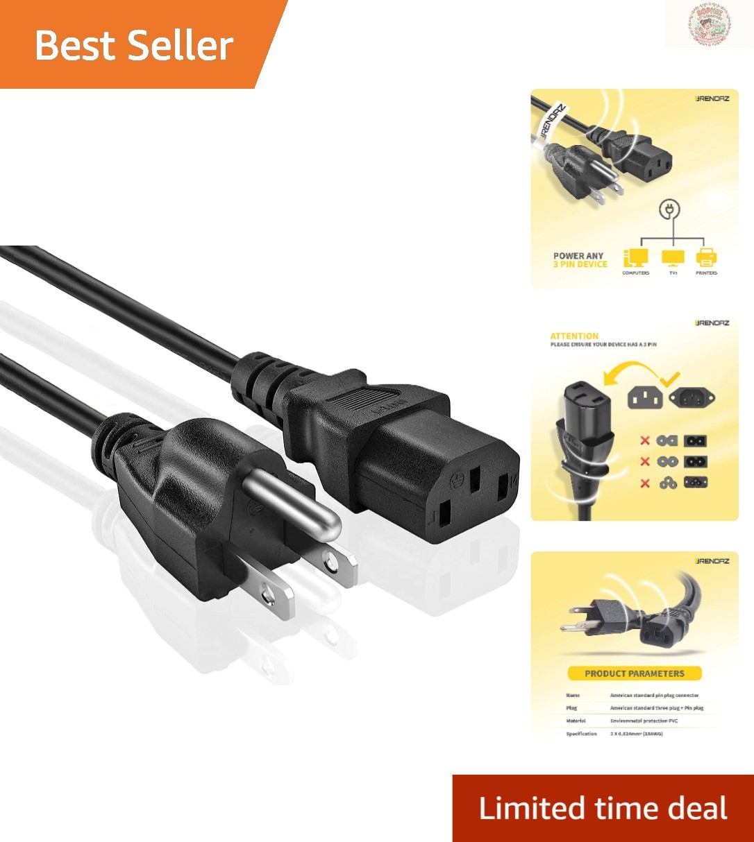 3-Foot AC Power Cord Replacement for Monitors, Printers & Scanners -  Approved