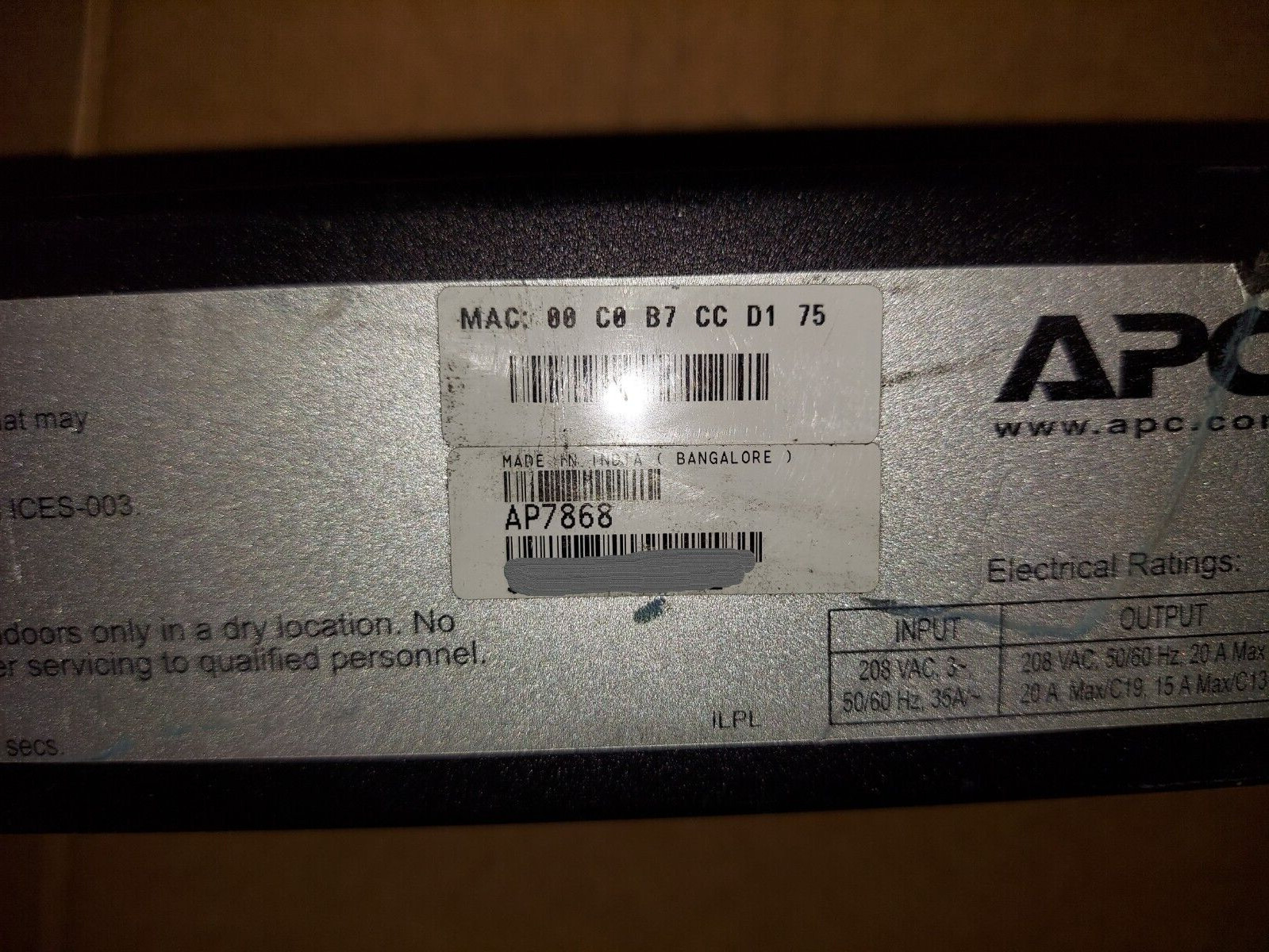 APC AP7868 Rack PDU, Metered,  208V, 36 outlet Zero U, 50 Amp