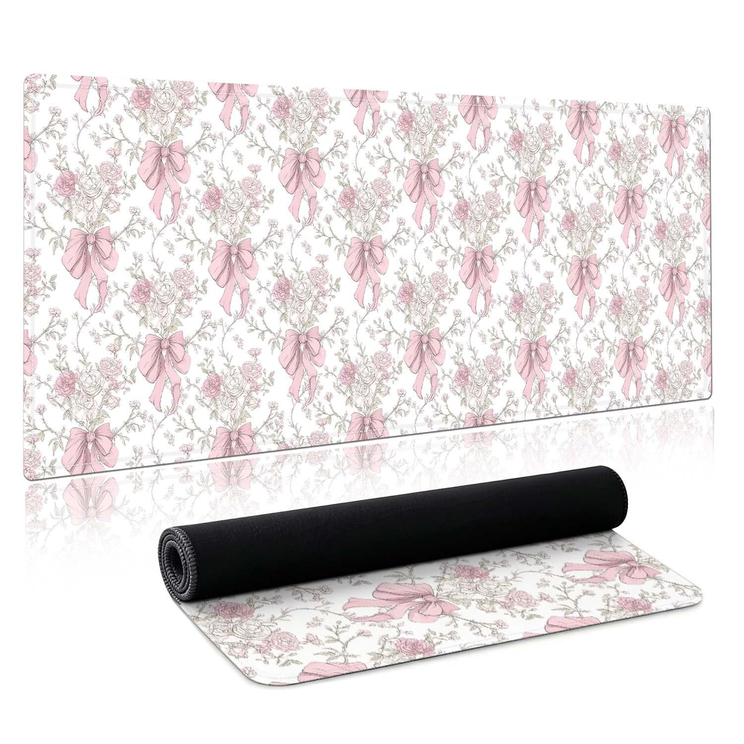 Pink Bow Desk Mat and Mouse Pad, Stitched Edges, Large