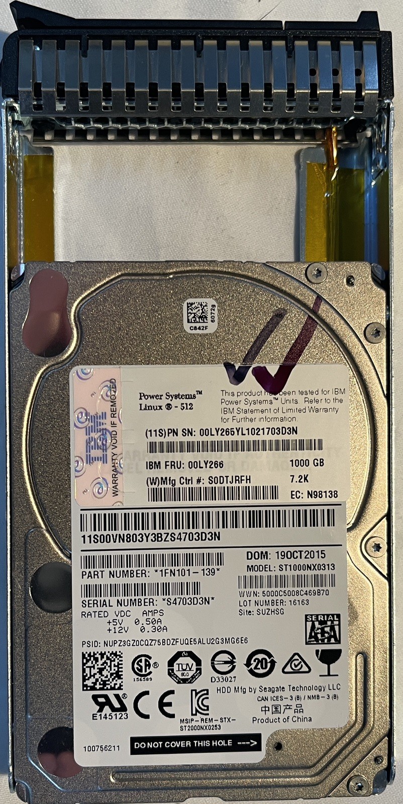 IBM 1000GB 7.5k HDD for Power Systems. AIX/Linux 512, IBM FRU00LY266 Used/Tested