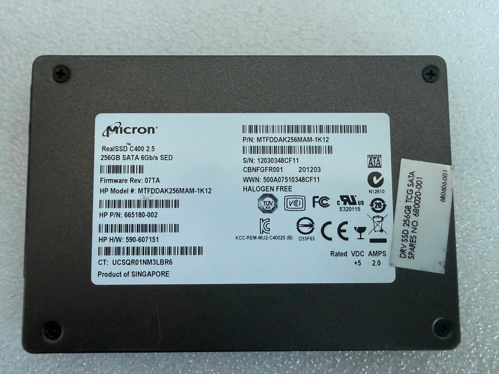 Micron RealSSD C400 256GB SATA 2.5" SSD MTFDDAK256MAM-1K12 HP 665180-002