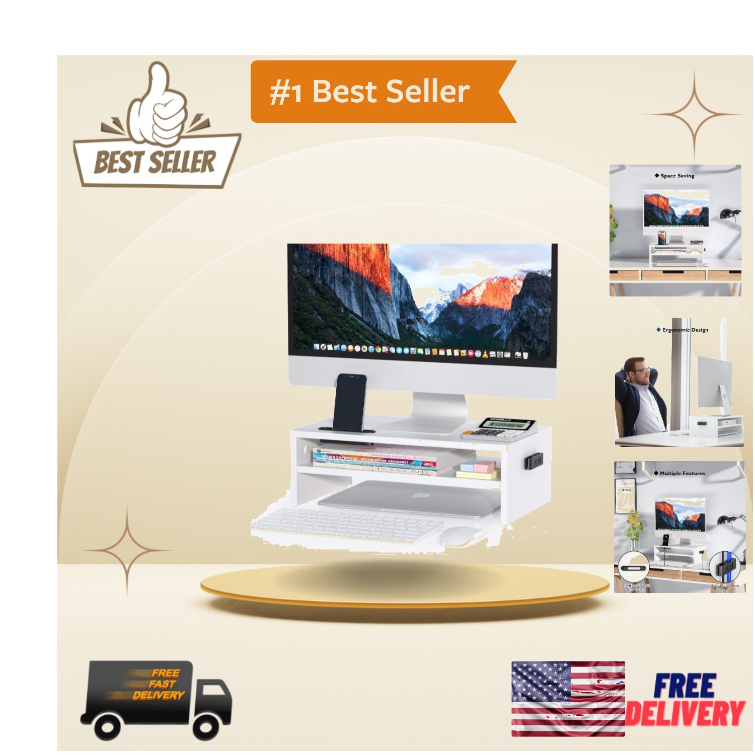 Stylish Wooden Monitor Stand Riser - 16.5 Inch, Ideal for Home Office Desktop
