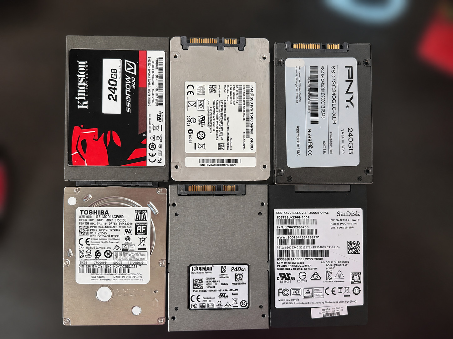 Lot of 6 2.5" SATA Drives 240GB 256GB 500GB Kingston Intel PNY SanDisk Toshiba