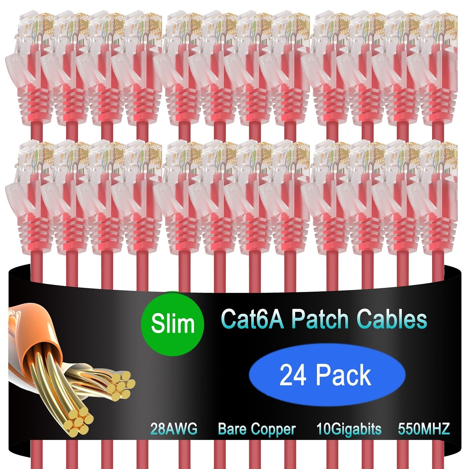 24-Pack 3 ft Red Cat6a Slim Ethernet Patch Cable 10G Network Cord for Data