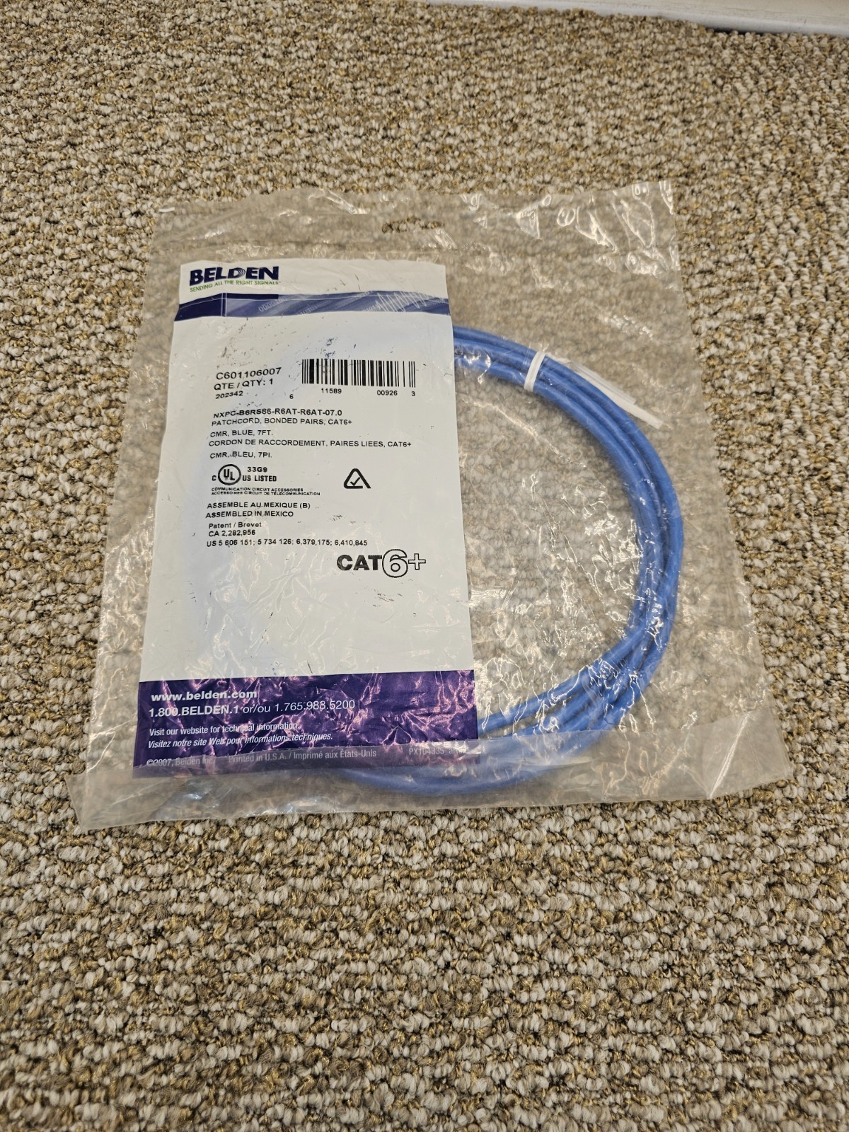 (QTY 5) BELDEN C601106007: 7 ft. Blue CAT6+ Patch Cord, 24 AWG Solid, CMR
