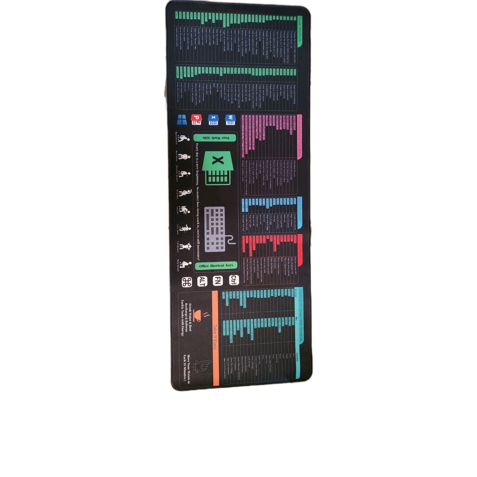 Large Non-Slip Desk Pad Mouse Mat w/ Excel Word PowerPoint Shortcuts 31.5x11.8
