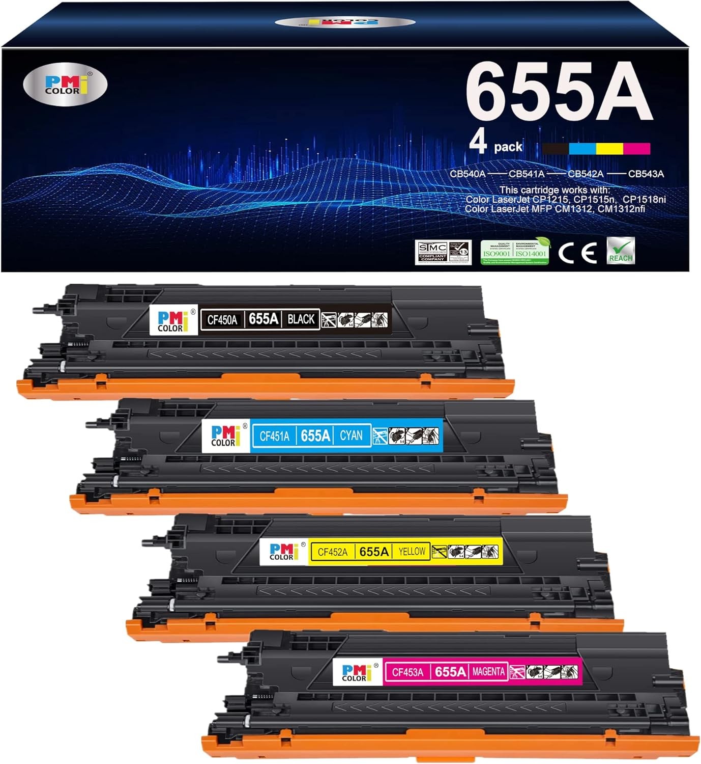 655A Black Cyan Magenta Yellow Toner Cartridge (4-Pack) Replacement for HP 655A