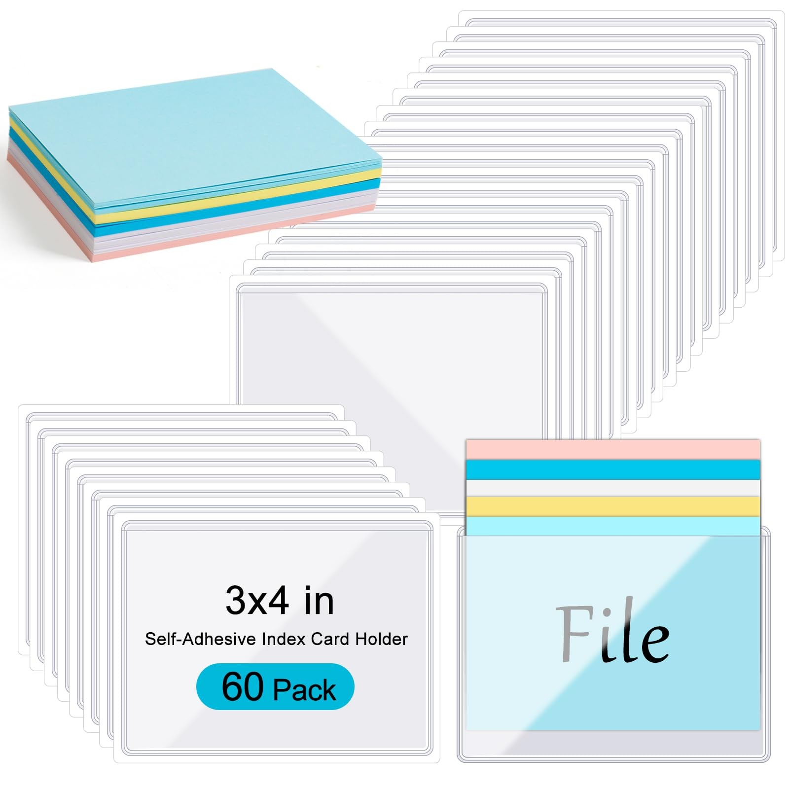60 Pack Self-Adhesive Index Card Holder 3x4 in Clear Label Holder with 60 She...