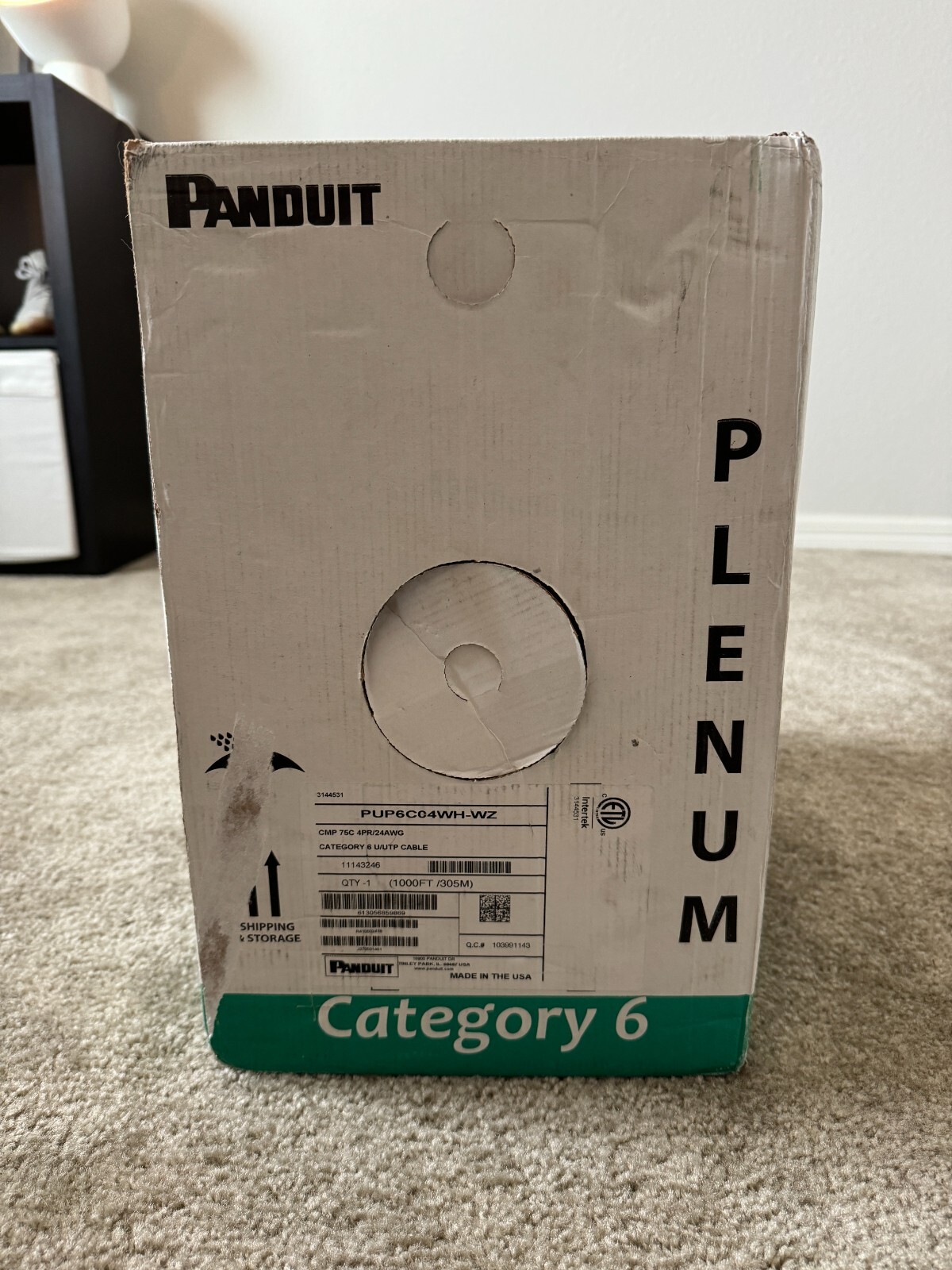 Panduit Copper Cable, Cat 6, 24 AWG, UTP, CMP, White, 1000ft. PUP6C04WH-WZ