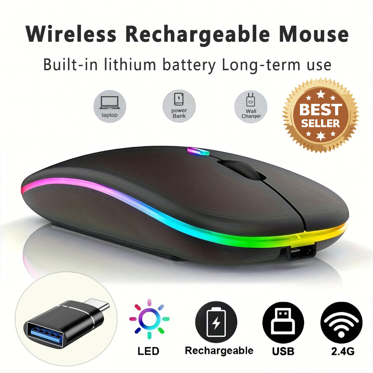 RGB LED Wireless Mouse Rechargeable Optical Silent Mice USB For PC Laptop