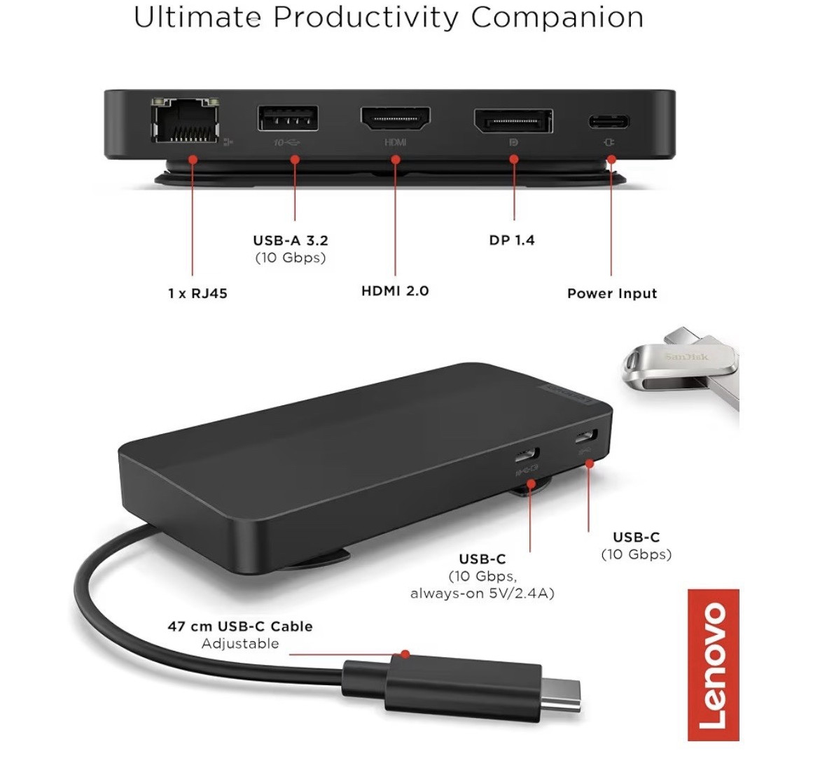 Lenovo USB-C Dual Display Travel Dock w/ 100W Power Adapter - 7 Ports
