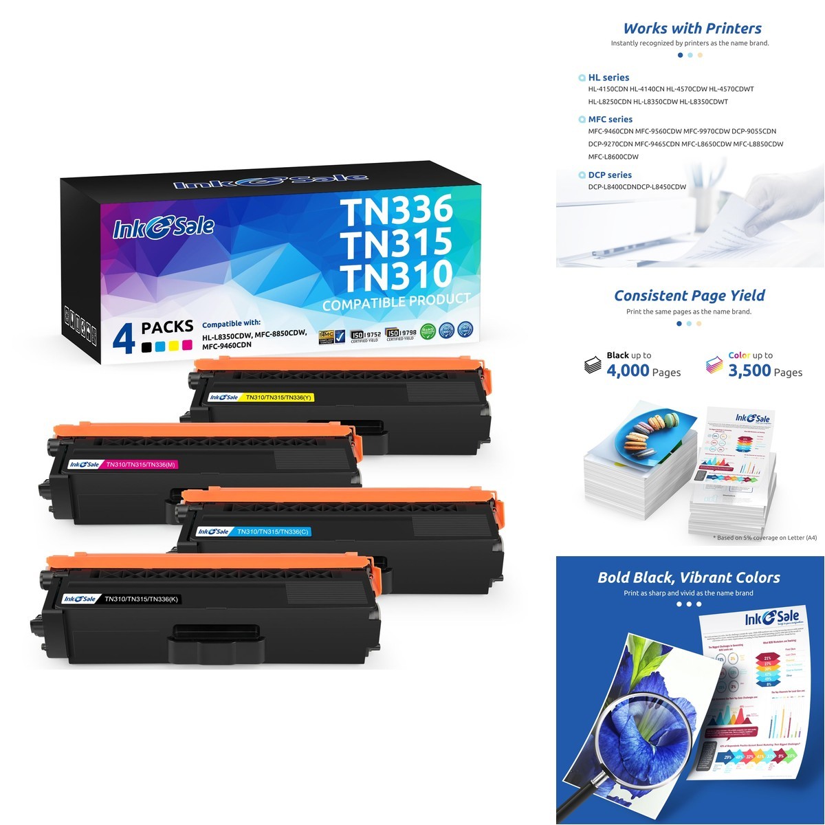 INK E-SALE Compatible Toner Cartridge for Brother TN336 TN315 TN310 TN331 KCMY