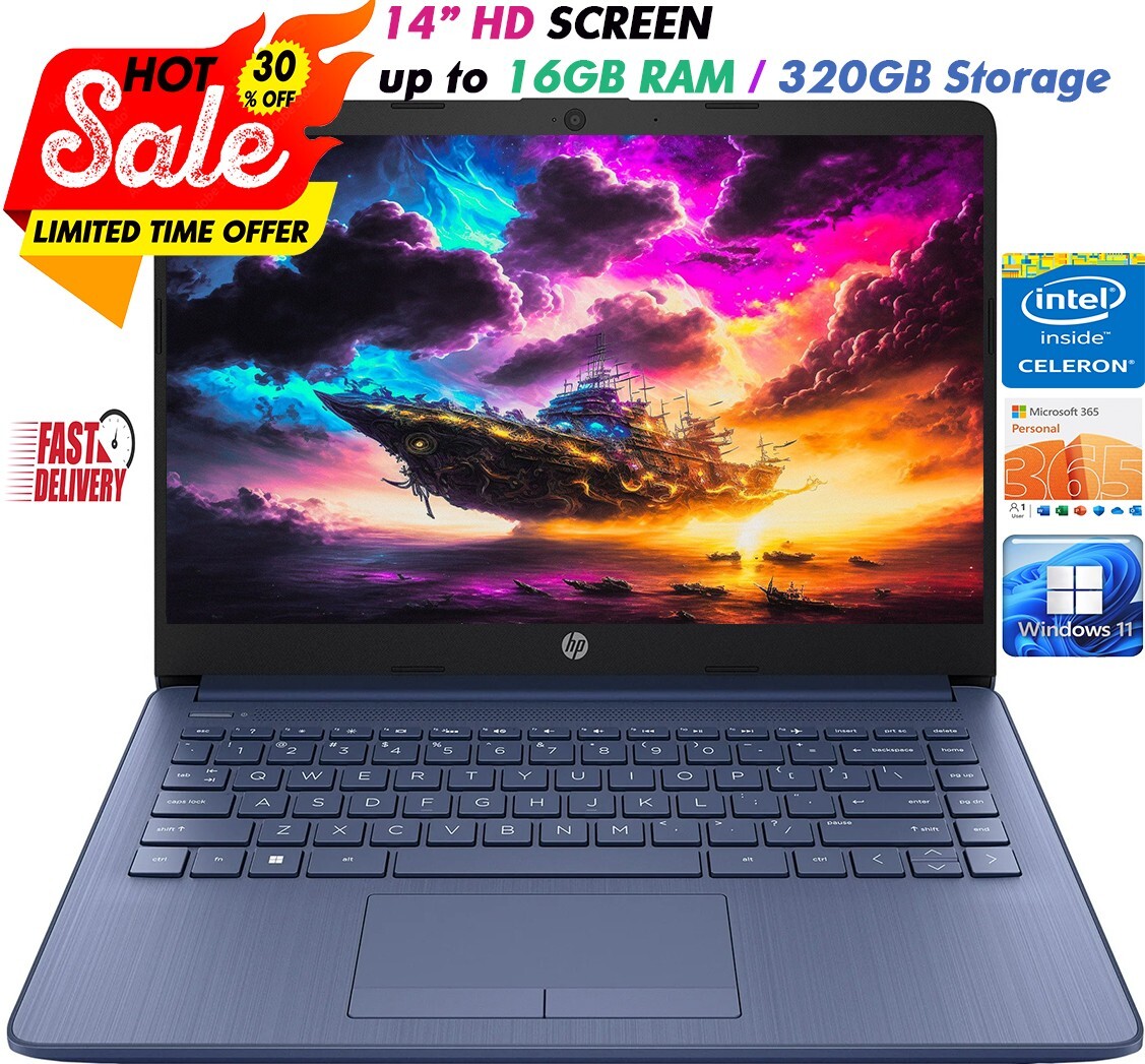 HP Newest Laptop 14"HD Intel 4-Core Up to 16GB RAM & 320GB Storage Win11 Blue