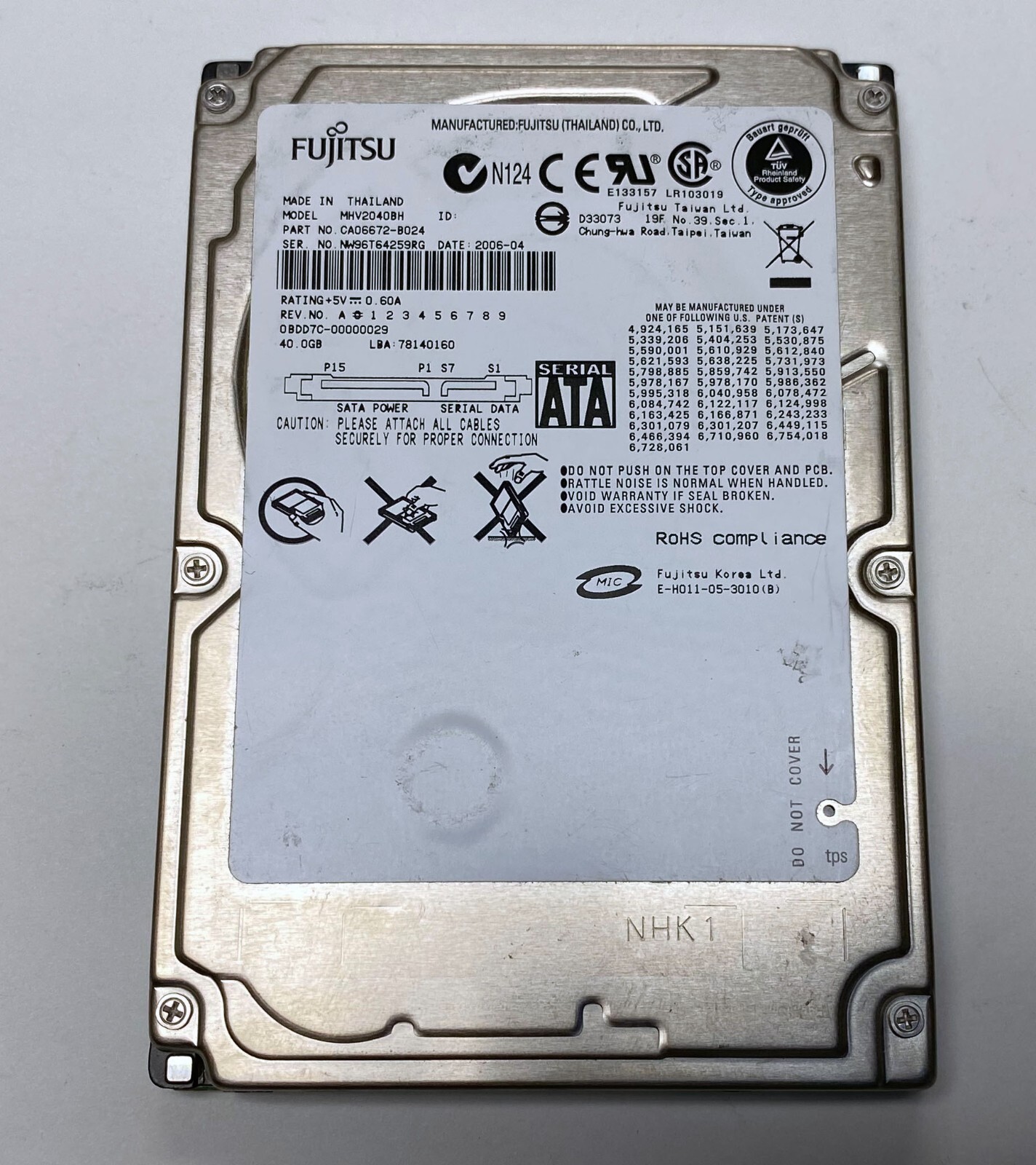 Fujitsu MHV2040BH 40GB 2.5" 5400 RPM SATA Laptop Hard Disk Drive HDD